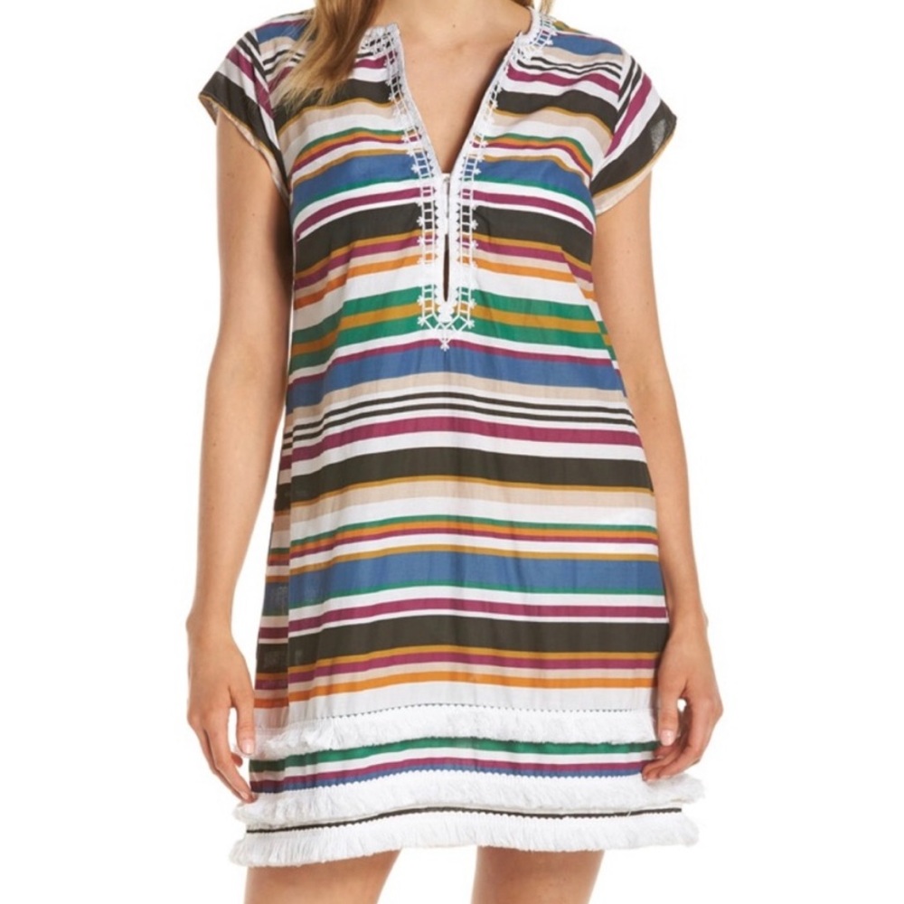 Bleu Rod Beattie Striped Fringe Trim Swim Coverup Dress Sz S